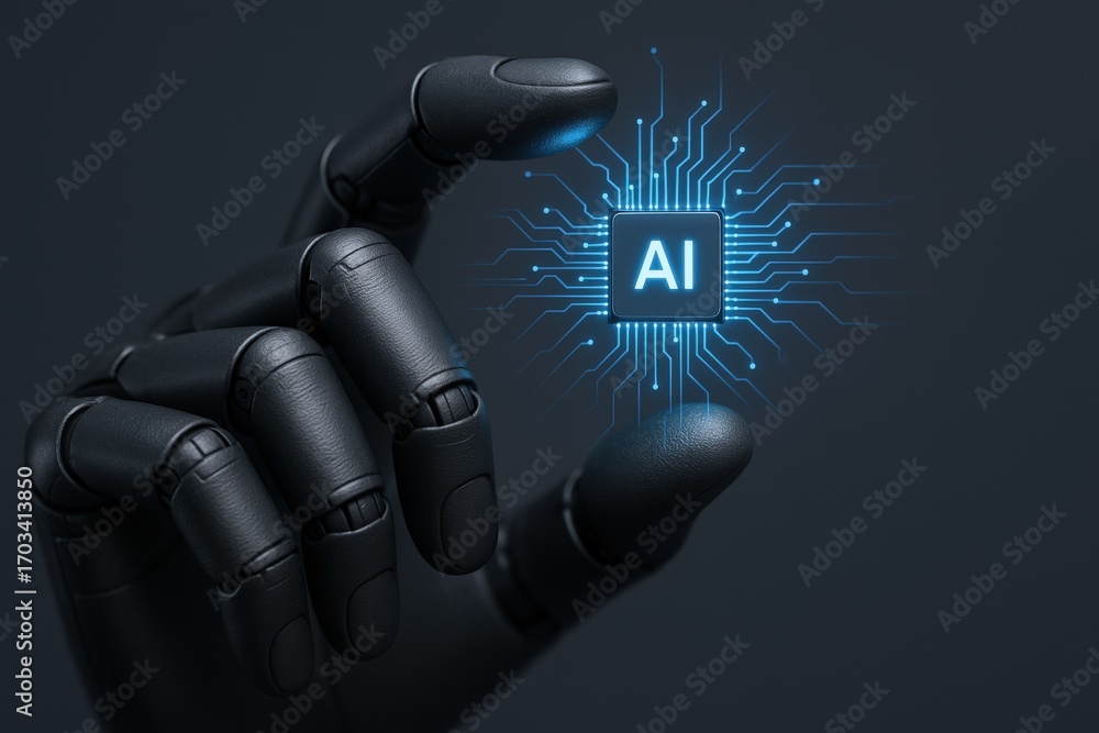 Poster artificial intelligence concept featuring a robotic hand holding glowing circuitry for technology an