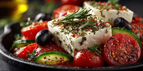 a portion of delicious fresh Greek salad with feta cheese, olives, tomatoes and herbs --chaos