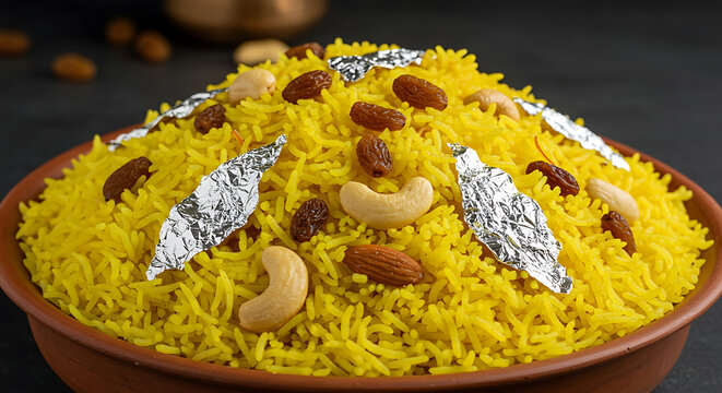Sweet Yellow Rice (Meethe Chawal) with Dry Fruits and Silver Leaf in Earthen Bowl