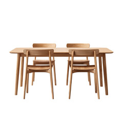 Light-colored wooden dining table and four chairs.  Simple, rectangular table with four matching chairs.  Straight-grained wood.  Clean lines.  View from the front