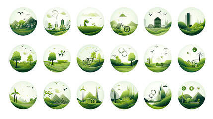 Title: Collection of Eco Friendly Environment Icons and Nature Conservation Symbols Isolated on White Background