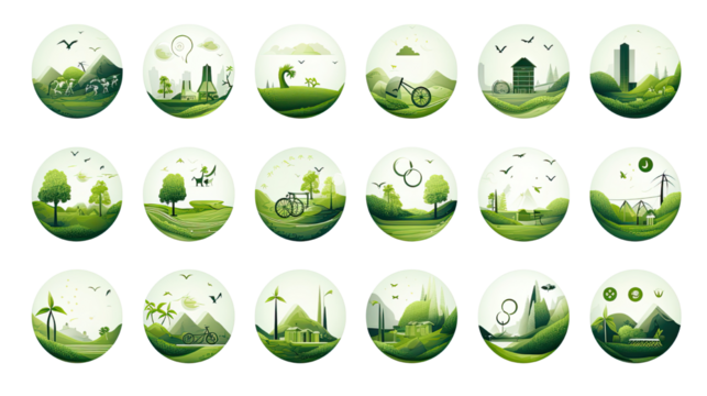 Title: Collection of Eco Friendly Environment Icons and Nature Conservation Symbols Isolated on White Background