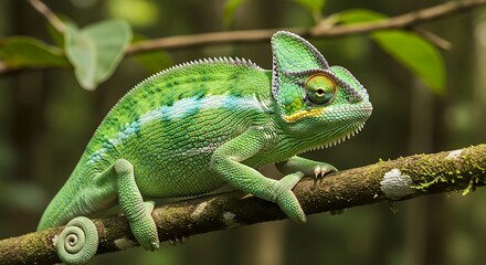 Green Veiled Chameleon on Branch.