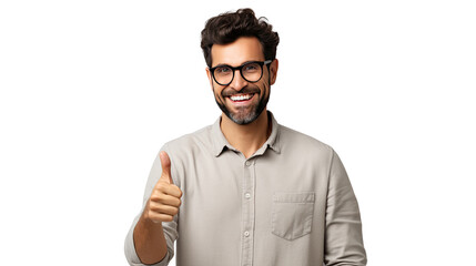 Title: Smiling confident man raising index finger gesture isolated on white background