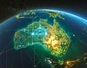 Earth's night view, focused on Australia, with a network overlay