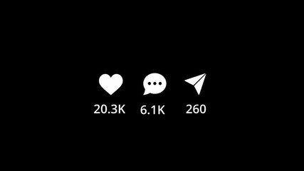 Viral content animation. Like comment and share social media animation reel count on black screen - Powered by Adobe