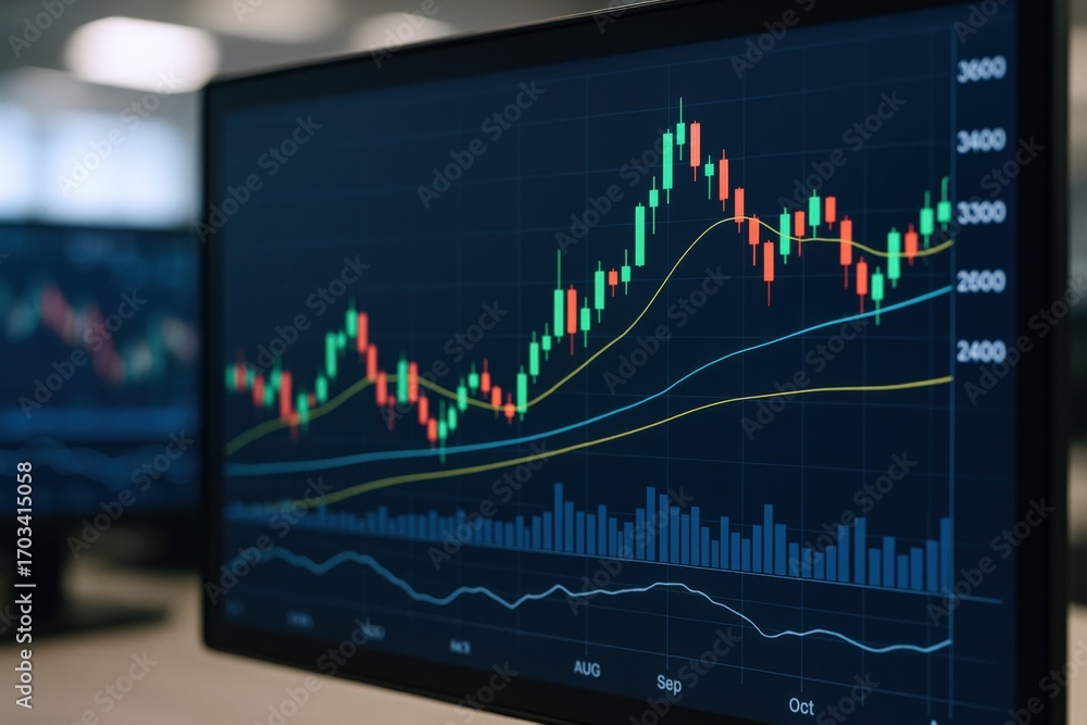 Aufkleber stock market analysis on monitor displaying financial data and graphs for investment strategy