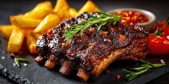 barbecue spare ribs served with fries and tomatoes at a steakhouse or restaurant, side view