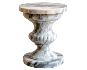 Detailed view showcases a round, marble pedestal with intricate textures