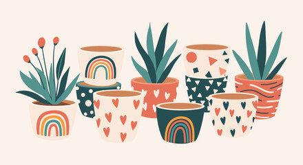 Collection of adorable illustrated plant pots with charming rainbow and heart patterns