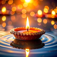 Happy diwali oil lamp or diya floating on water with bokeh background