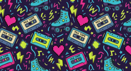 Obraz premium Nostalgic Retro Pattern Featuring Cassette Tapes and Roller Skates, Ideal for 80s Themed Parties, Fashion, and Creative Projects