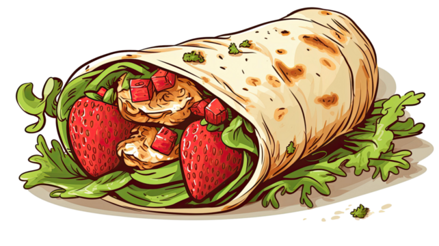 Title: Delicious Hand Drawn Chicken Wrap with Fresh Tomato and Juicy Strawberry Isolated on White Background