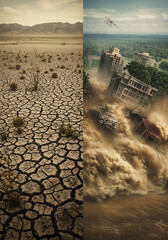 Desolate landscape transitions to flood destroying urban environment