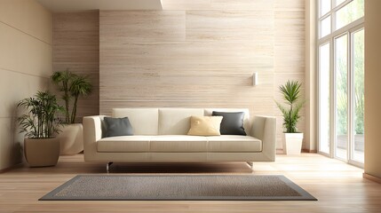 Simple modern living room with neutral sofa, clean lines, and soft daylight