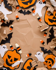 Torn cardboard halloween background with dark bat accents

