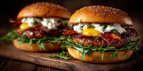 burgers stuffed with delicious fillings over a wooden table