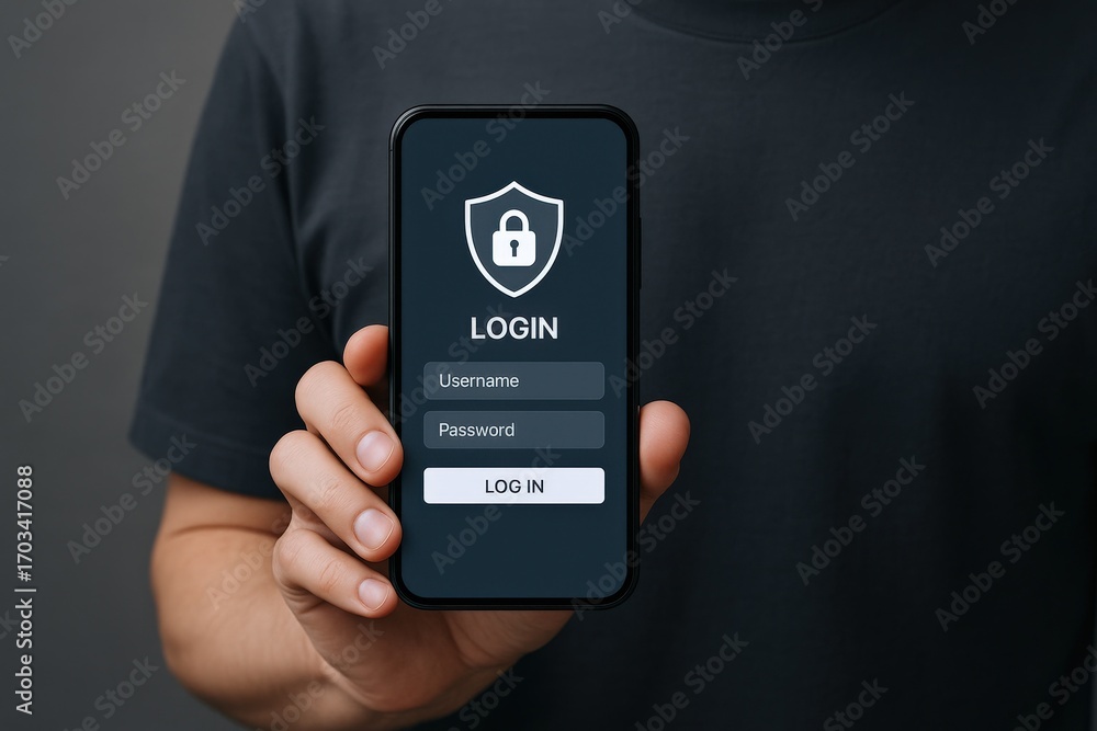 Poster mobile security app: person holding smartphone displaying login screen with shield and padlock icons