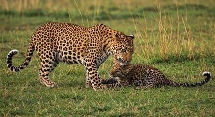Obraz premium Majestic mother leopard nuzzles her adorable cub affectionately in lush green savanna grass, capturing a tender wildlife moment of natural beauty and maternal care.