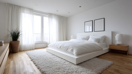 Fototapeta premium Minimalist bedroom with white bed, wooden floor, natural light, uncluttered
