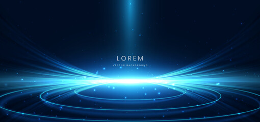 Scene elegant blue light lines on dark background with circles lines glowing and sparkle.