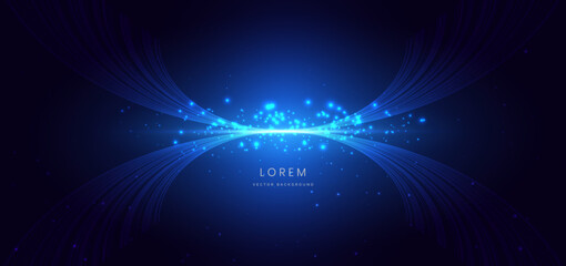 Blue glowing curve lines with lighting effect and sparkle on dark blue background.