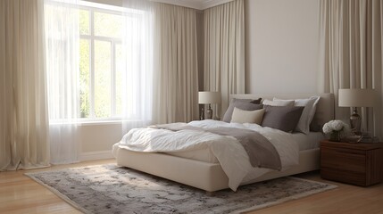Elegant bedroom interior with neutral bed, rug, and soft curtains