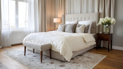 Elegant bedroom interior with neutral bed, rug, and soft curtains