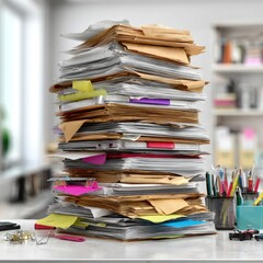 High Stack Of Unorganized Documents On Desk