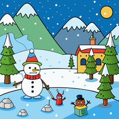 Early Winter Landscape Illustration | Snowy House, Snowman, Pine Trees and Mountains.