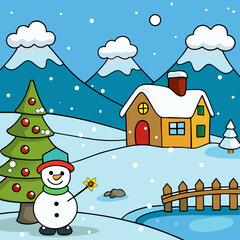 Early Winter Landscape Illustration | Snowy House, Snowman, Pine Trees and Mountains.