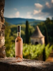 Elegant Rosé Wine Bottle Displayed on Stone Ledge Overlooking a Picturesque Vineyard Landscape