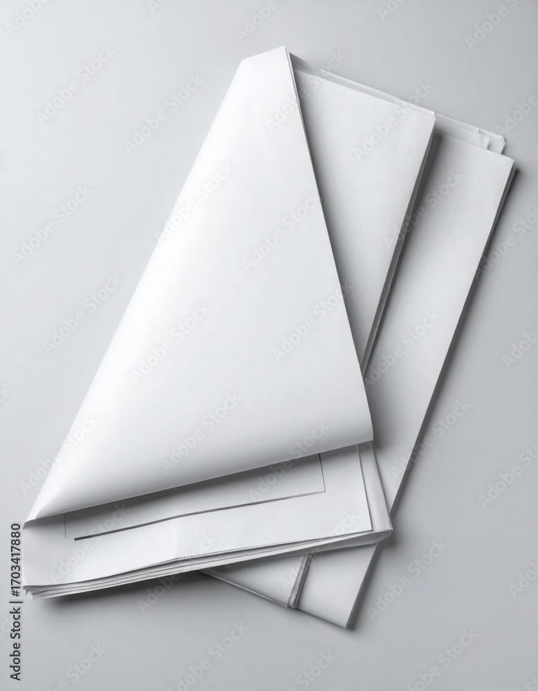 Poster stack of folded white paper sheets on a soft white seamless background in studio