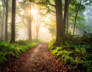 朝霧に包まれた森の小道と差し込む光