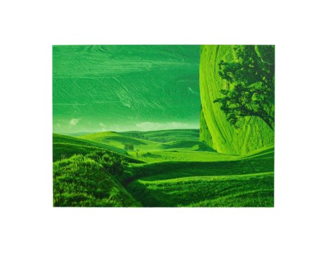 A vibrant, stylized landscape,  dominated by lush green hills and valleys.  Soft,  pastel light illuminates a fantastical, almost otherworldly scene