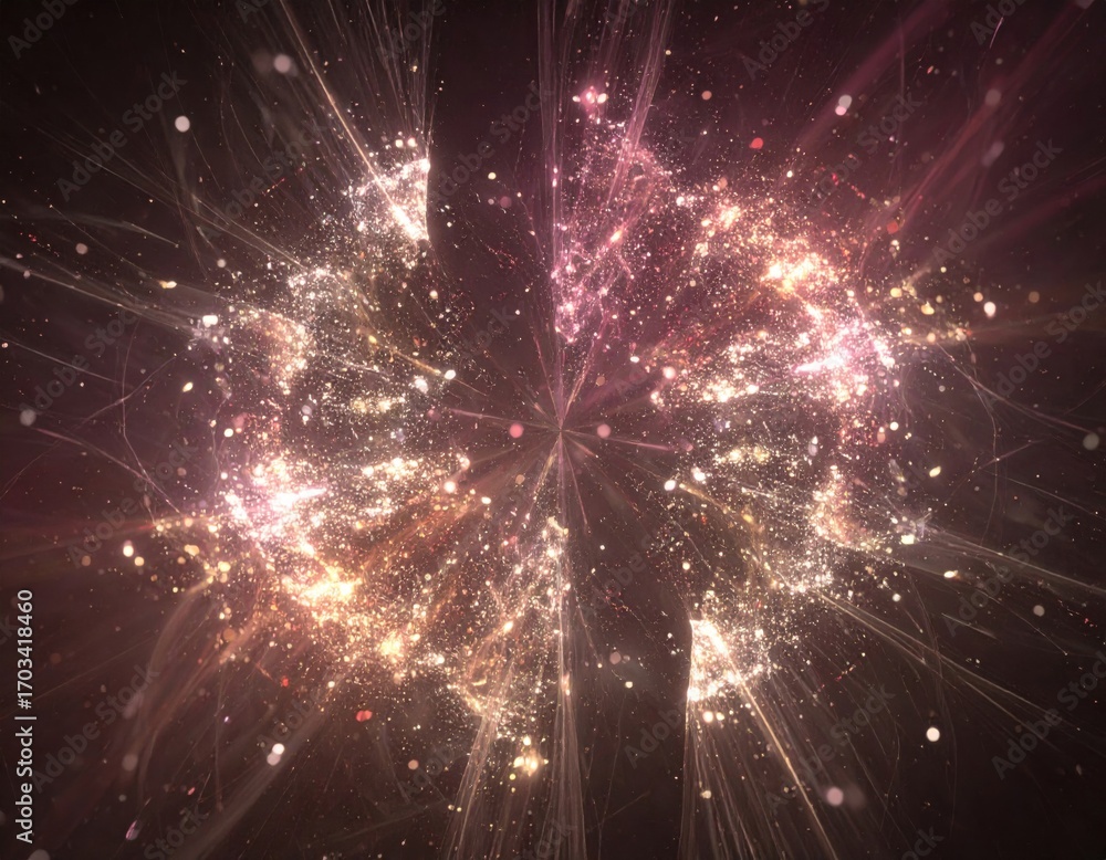 Poster abstract swirl of glowing particles in space with light streaks and dark background