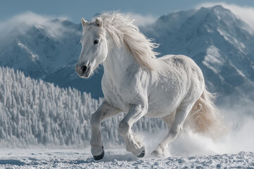 Pure white horse in motion in a winter scene