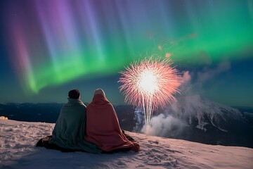 Couple watches stunning fireworks and Aurora Borealis display over mountain landscape at night