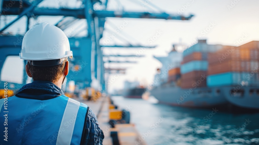 Poster port operations supervisor overseeing container ship unloading and logistics, ensuring smooth global
