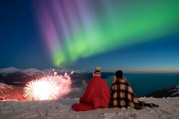 Couple watching Northern Lights and fireworks illuminate winter night over snowy mountains