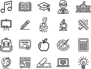 Education and School Outline Icons for Learning Concepts. Academic and Classroom Line Icon Set for Teaching.