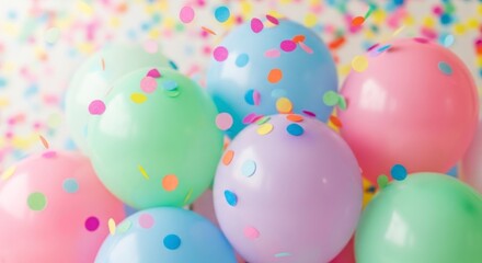 A vibrant cluster of pastel balloons, adorned with colorful confetti, creates a joyful and celebratory atmosphere.