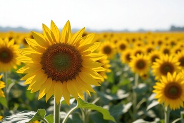 Fototapeta premium Single hero sunflower in a vast field, captured from a low angle with a shallow depth of field, basking in the warm glow of the sun.