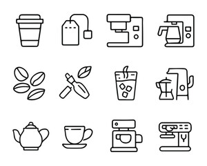 Set of outline icons related to coffee and tea. Linear icon collection