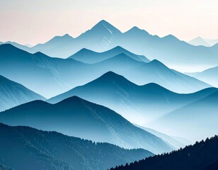 Fototapeta premium Mountain Range Silhouette with Blue Hues And Mist Covering the Peaks in Outdoor Landscape
