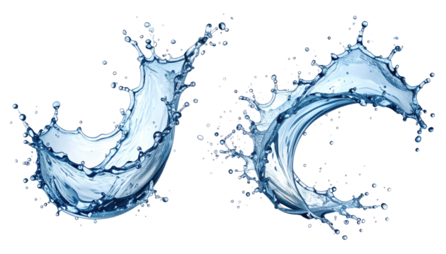 Two vibrant water splashes against a black background
