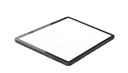 A gray tablet computer, angled, with a blank white screen