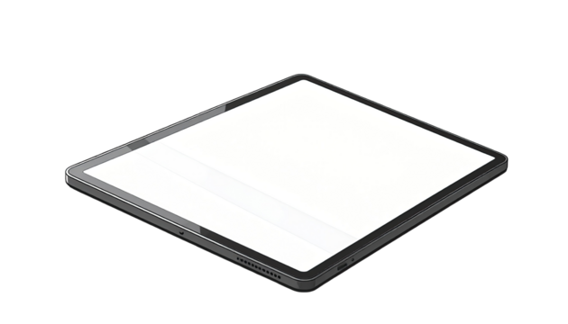A gray tablet computer, angled, with a blank white screen