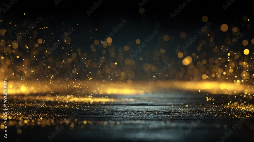 Poster abstract gold glittering particle background with bokeh lights for festive celebration and product s