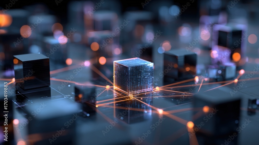 Poster abstract network of interconnected cubes with glowing nodes, representing technology, data, and comm